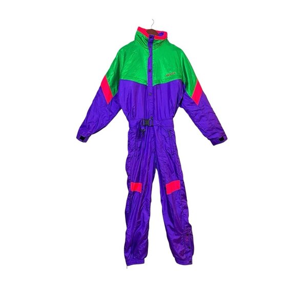 VTG Nevica Frontline Ski Suit Men's 38 1980's Vibrant One-Piece Snowsuit Bib - Picture 1 of 15